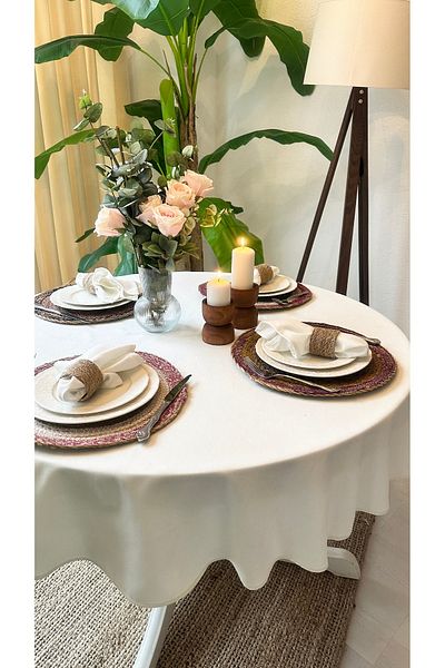 Decamor home Față de masă rotundă albă, rezistentă la pete, cu textura de catifea