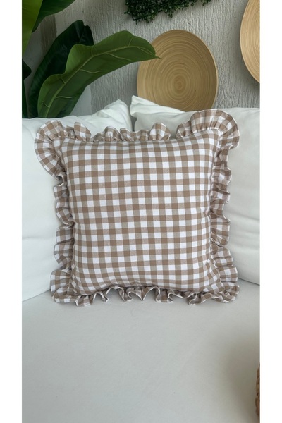 Decamor home Vintage Ruffled Gingham Linen Beige Throw Pillow Cover Checkered Bohemian Throw Pillow Cover 1 Piece