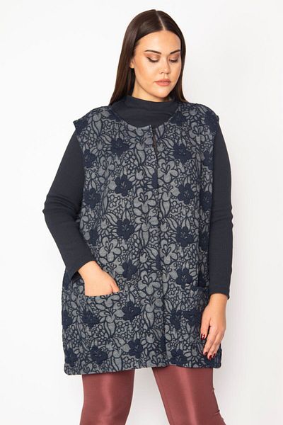 Şans Women's Large Size Navy Blue Jacquard Patterned Front Snap Button Pocket Vest 65n29626
