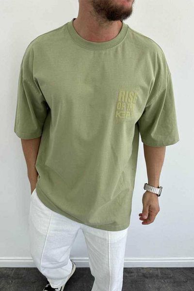 MADZEYMODA Ανδρικό μπλουζάκι Oversize Fit 100% βαμβακερό με λαιμόκοψη με στάμπα χακί Mz3002