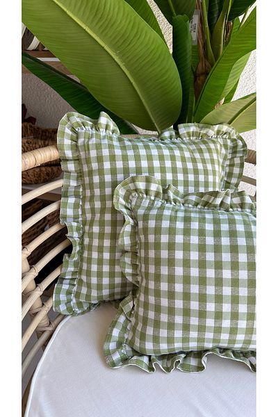 Decamor home Vintage Frilly Gingham Linen Light Green Throw Pillow Cover Bohemian Throw Pillow Cover 1 Pc