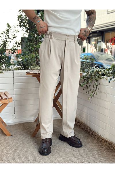 manch collection Double Button Full Patch Baggy Trousers Cream
