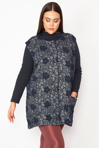 Şans Women's Large Size Navy Blue Jacquard Patterned Front Snap Button Pocket Vest 65n29626