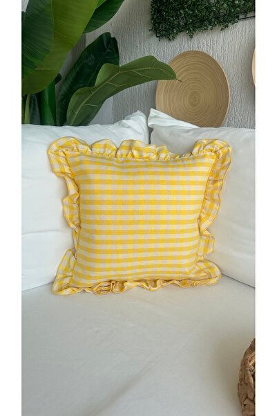 Decamor home غطاء وسادة من الكتان الأصفر المزخرف بالكشكشة على الطراز البوهيمي قطعة واحدة