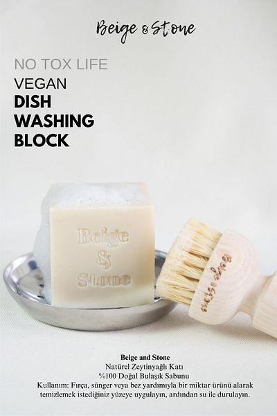 Beige & Stone Natural Kitchen Set 3 Pack Olive Oil Solid Dish Soap 100 Gr & Steel Soap Dish & Brush