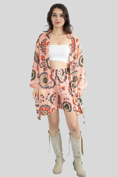 Miss Boheme Yavruağzı Renk Keten Şort Kimono Takım