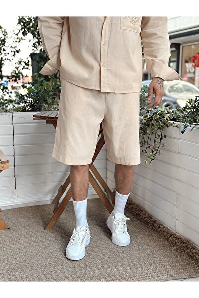 manch collection Floral Κεντημένο Crinkle Λινό Σορτς Πουκάμισο Κοστούμι κρέμα