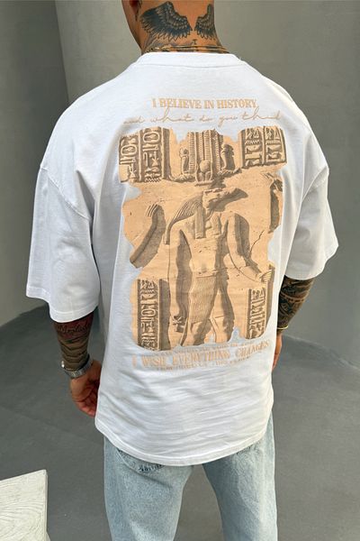 MADZEYMODA Ανδρικό μπλουζάκι Oversize Fit 100% Cotton Crew με στάμπα λευκό T-shirt Mz3016