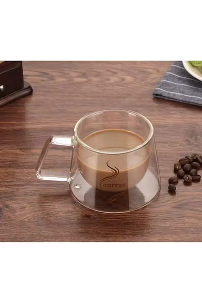 Herum Set 4 cani de cafea cu pereti dubli, 200 ml, rezistente la caldura, imprimeu CAFEA