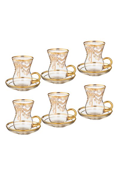 Dania Turkish crystal tea cup set beautifully laser engraved in gold and silver 6 cups + 6 saucers