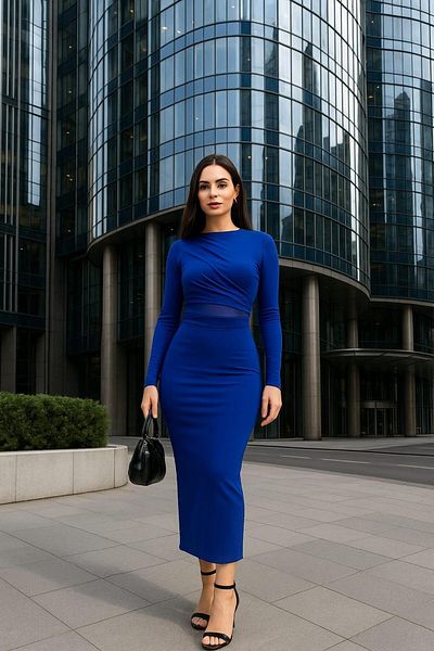 SHEYMA Stretchy Sandy Fabric Tulle Low-Cut Detailed Stand-Up Collar Long Sleeve Midi Length Pencil Dress Saks 583154
