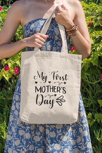 qoeuyl boutique My First Mother's Day Printed Mother's Day Gift Beige 100% Cotton Raw Cloth Beige Bag