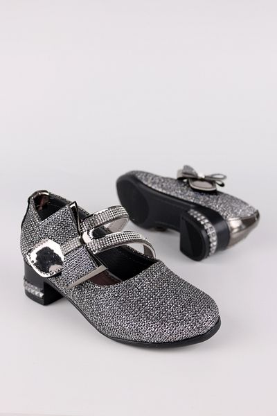 LUGMO Gray Glitter Bow Tie Girls' Shoes - Ballerinas with Stones