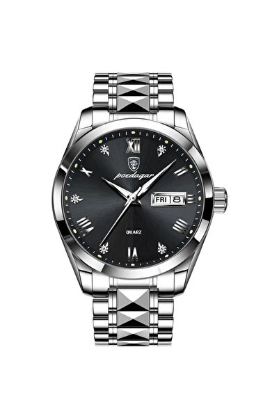 POEDAGAR Ανδρικό ρολόι Poedagar, ανοξείδωτο ατσάλι, ασημί, μαύρο καντράν