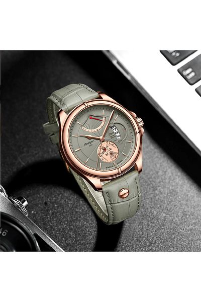 POEDAGAR Men's Watch Cs1525, Genuine Leather Strap, Gray, Gray Dial