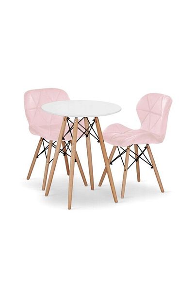 Karaca Set masa rotunda in stil scandinav + 2 scaune Lago din catifea, Artool, MDF si lemn, alb si roz