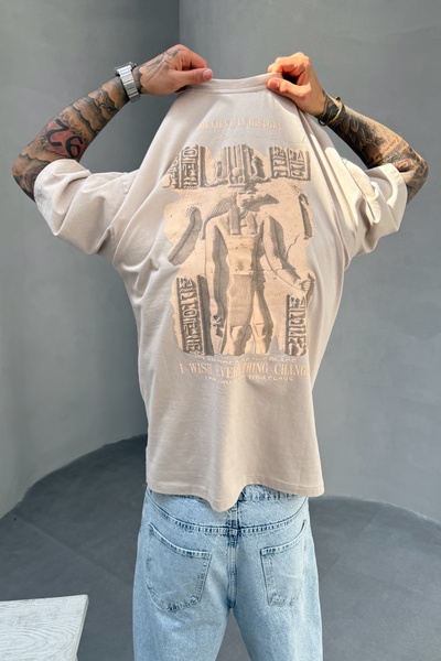 MADZEYMODA Ανδρικό μπλουζάκι Oversize Fit 100% βαμβακερό μπλουζάκι με στάμπα μπεζ Mz3016