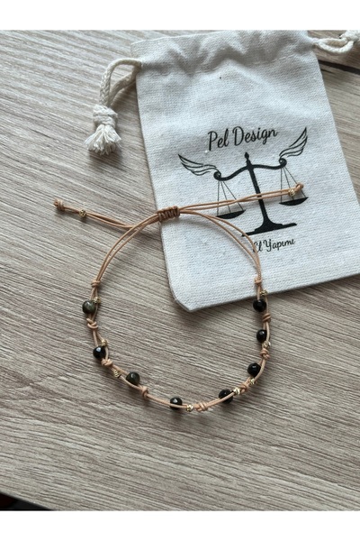 Pel Design Minimal Siyah Turmalin Taşı İp Bileklik & Halhal Ayarlanabilir