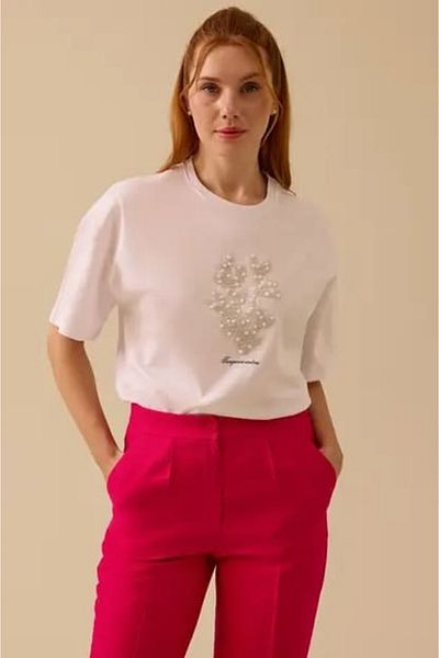 SEÇİL Tricou de damă cu imprimeu cu detalii de piatră - alb