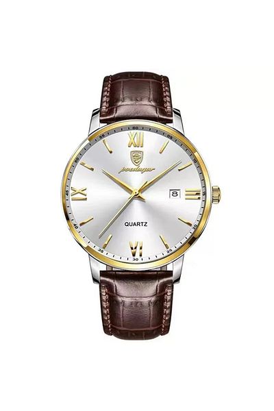 POEDAGAR Poedagar men's watch, genuine leather strap, brown-gold, white dial