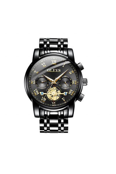 OLEVS Ceas barbatesc , otel inoxidabil, negru, cadran negru