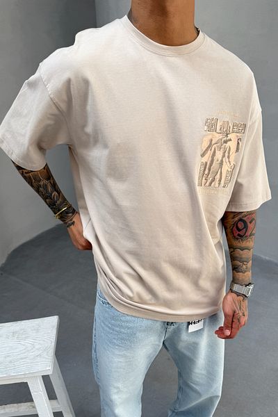 MADZEYMODA Ανδρικό μπλουζάκι Oversize Fit 100% βαμβακερό μπλουζάκι με στάμπα μπεζ Mz3016