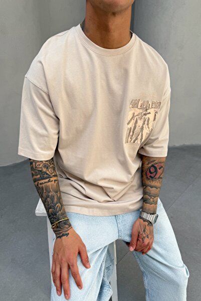 MADZEYMODA Ανδρικό μπλουζάκι Oversize Fit 100% βαμβακερό μπλουζάκι με στάμπα μπεζ Mz3016