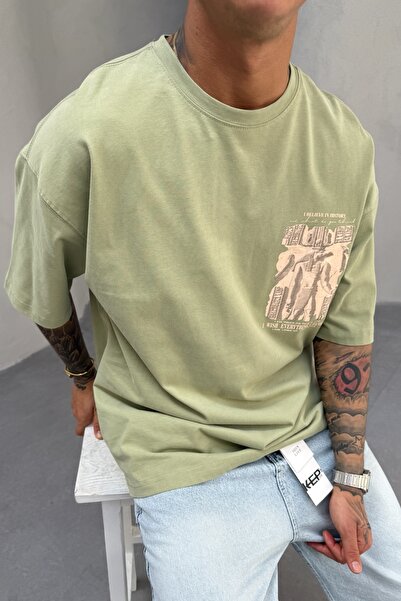 MADZEYMODA Ανδρικό μπλουζάκι Oversize Fit 100% βαμβακερό με λαιμόκοψη με στάμπα χακί Mz3016