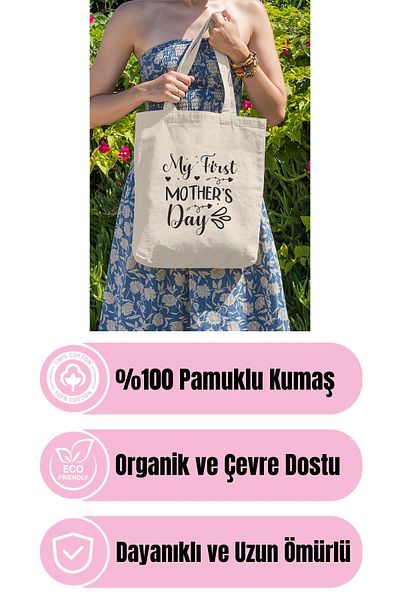 qoeuyl boutique My First Mother's Day Printed Mother's Day Gift Beige 100% Cotton Raw Cloth Beige Bag