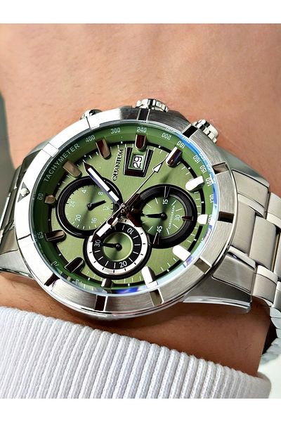 Quantum Function 10 Atm Waterproofing Silver-Green Color Steel Cord Steel Case Men's Wristwatch 1067.380