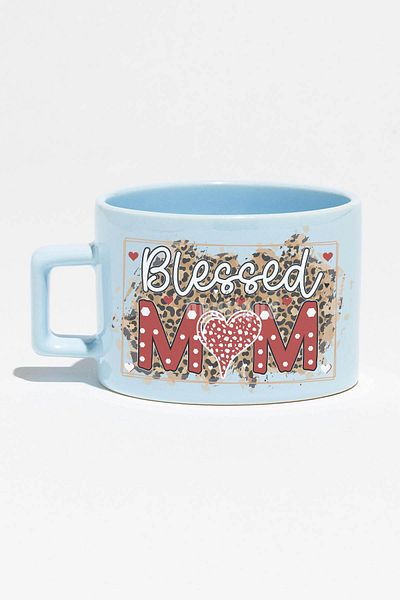 qoeuyl boutique Blessed Mom Printed Mother's Day Gift Blue Rectangular Cup Mug with Handle