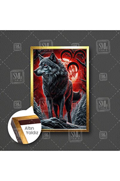 SML TABLO Bozkurt Üç Hilal Göktürkçe Turan Gece Ay Işığı Boz Kurt Ülkücü Çerçeveli Dikey Kanvas Tablo