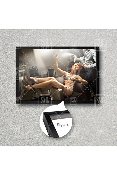 SML TABLO Saç Yaptıran Kadın Kuaför Makyaj Woman Çerçeveli Yatay Kanvas Tablo