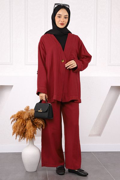 İmajButik Claret Red Μπουφάν με ένα κουμπί και παντελόνι