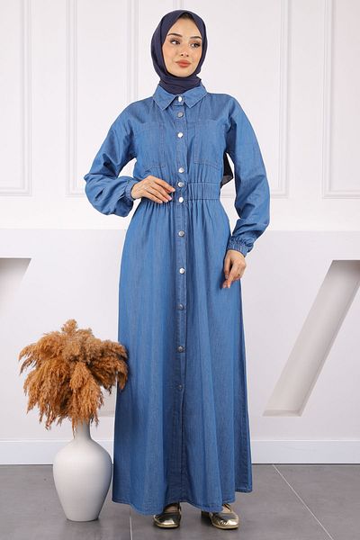 İmajButik Μπλε τζιν φόρεμα με ελαστική μέση με κουμπιά