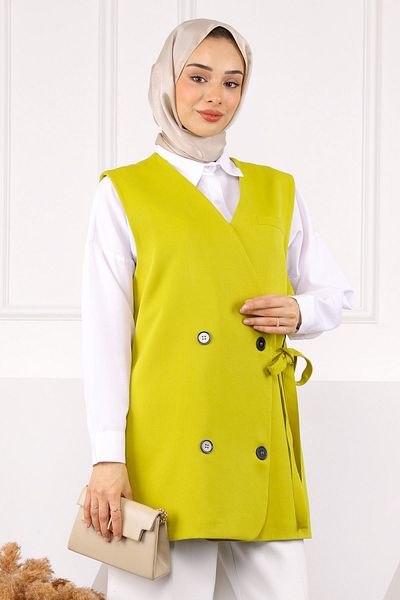 İmajButik Oil Green Side Tie Buttoned Crepe Vest