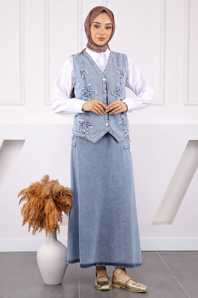 İmajButik Blue Floral Embroidered Vest Skirt Denim Suit