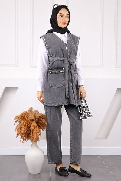 İmajButik Smoked Pearl Detailed Denim Vest Trousers Suit