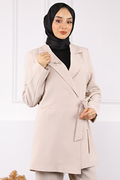 İmajButik Beige Side Baglama Crepe Jacket Pants Suit