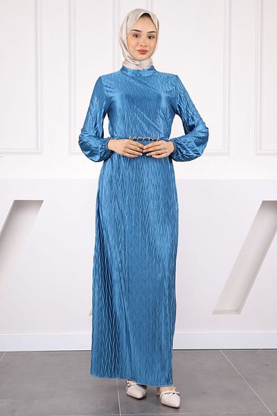 İmajButik Φόρεμα βενζίνης μπλε πλισέ κράσι