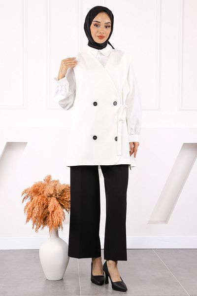İmajButik Ecru Side Tie Buttoned Crepe Vest