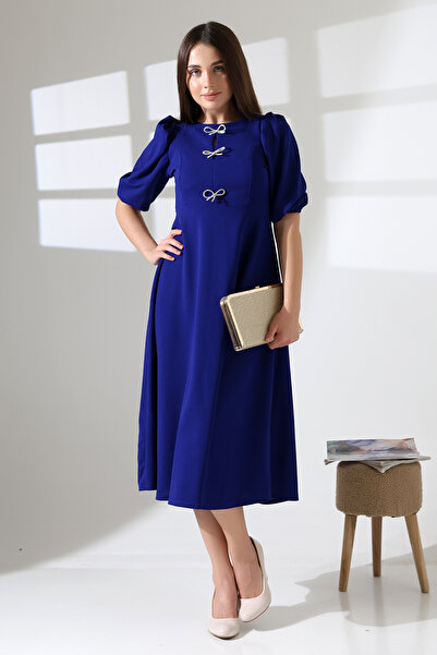 Planet Prestige Rochie midi cu mâneci pepene verde cu accesorii metalice - Saks Blue