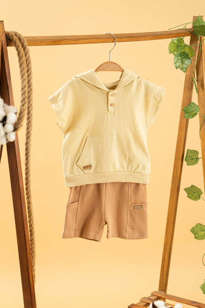 bombe Girl Boy Baby Kids Brown 2-Piece Set Hooded Shorts Cotton Comfortable T...