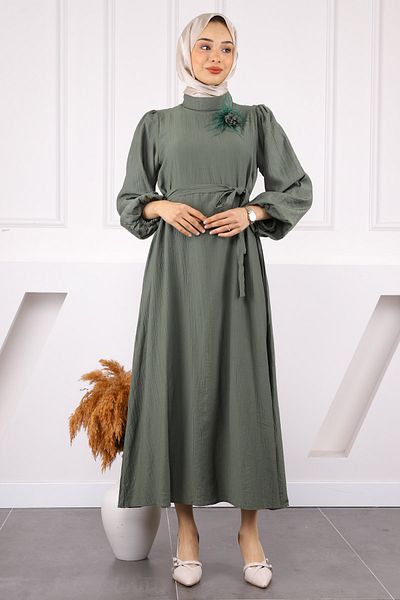İmajButik فستان كاكي بحزام وأكمام بالون