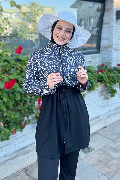 REMSA Zippered Woven Full Covered Hijab Swimsuit T244-13 Black01