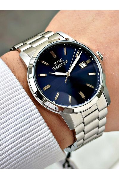 Slazenger With Calendar Silver-Navy Color Steel Band Steel Case 10 Atm Waterproofness Men's Wristwatch 2495.02