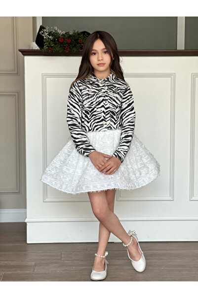 ugurbocegicocukdunyası Uğur Böceği Çocuk Dünyası 3 Parça Zebra Desenli Denim Ceket Püsküllü Etek T-shirt mezuniyet takım