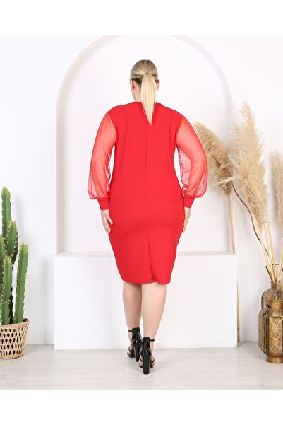 Butik Nilyam Women Plus Size Tulle Sleeve Detail V-Neck Stretchy Evening Dress 24743