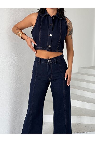Ekim Store Buttoned Navy Blue Vest Trousers Denim Set