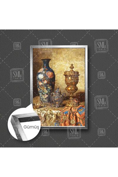 SML TABLO Çiçekli Mavi Ve Gold Vazo İşlemeli Etnik Örtüler Çerçeveli Dikey Ka...